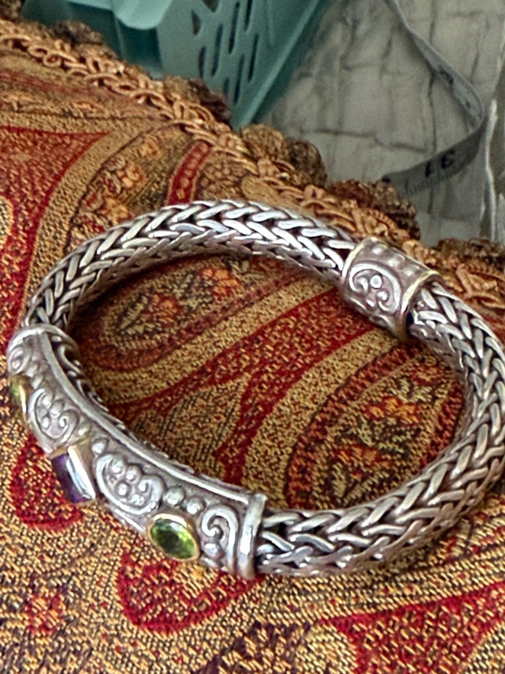 Intricate Sterling Silver Braided Women's Bracelet amethyst and peridot - Picture 4 of 17